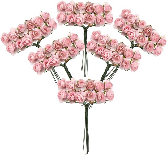 120 pcs Mini Paper Flowers,Mulberry Paper 1/2" Artificial Rose Flower with Stem for DIY Crafts Projects Scrapbooking Wedding Decorations (Pink)